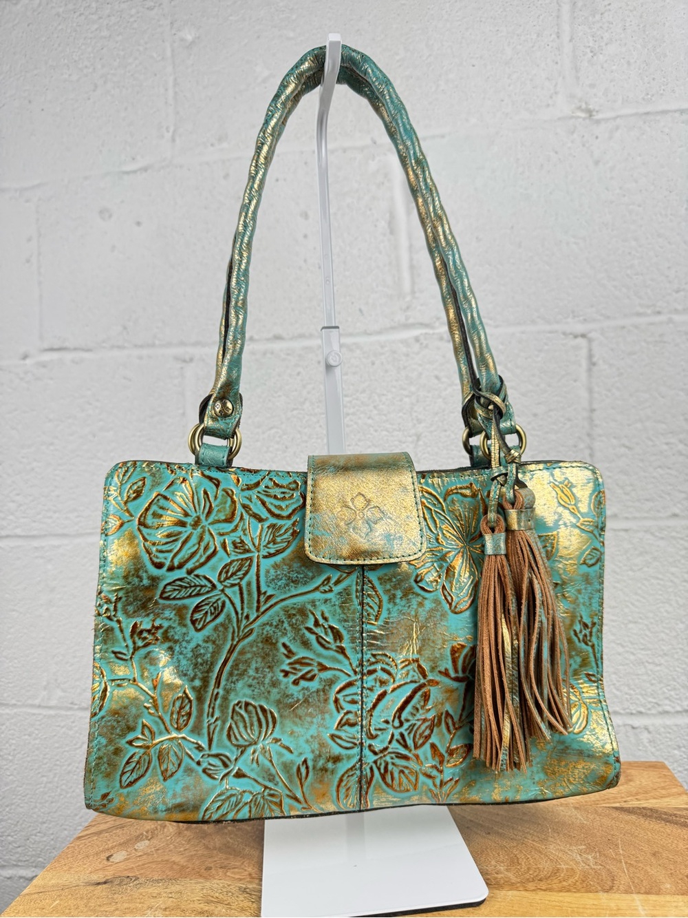 Patricia Nash Turquoise Gold Tooled Floral Leather Satchel Tassel Bag